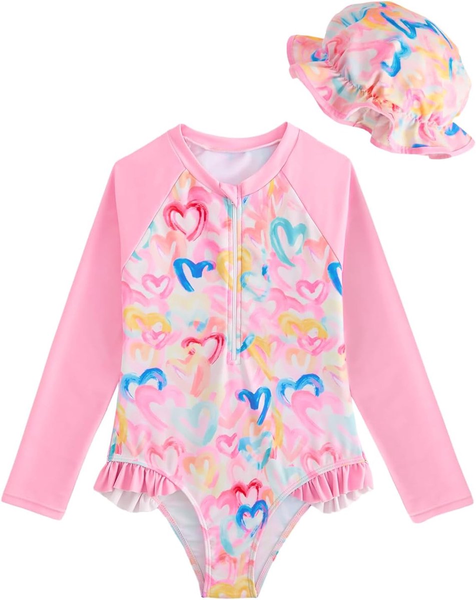 Badpak voor meisjes met lange mouwen en capuchon, eendelig Rashguard met ritssluiting, bedrukte zwemkleding