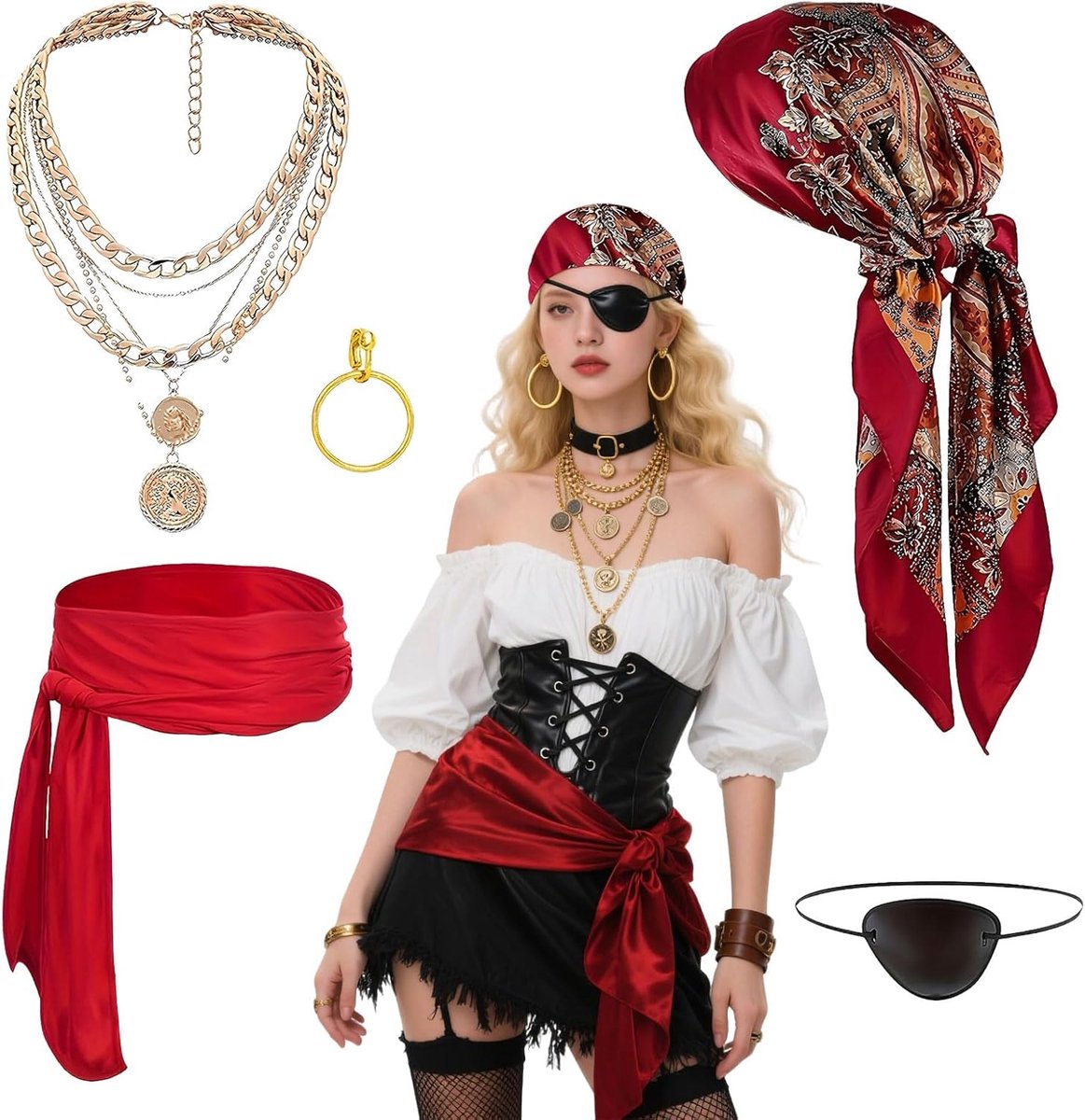 Dames Piraten Kostuum Accessoires Set Vintage Kapitein Accessoires Rood Tuch Sjaal Riem Oorbellen Ketting