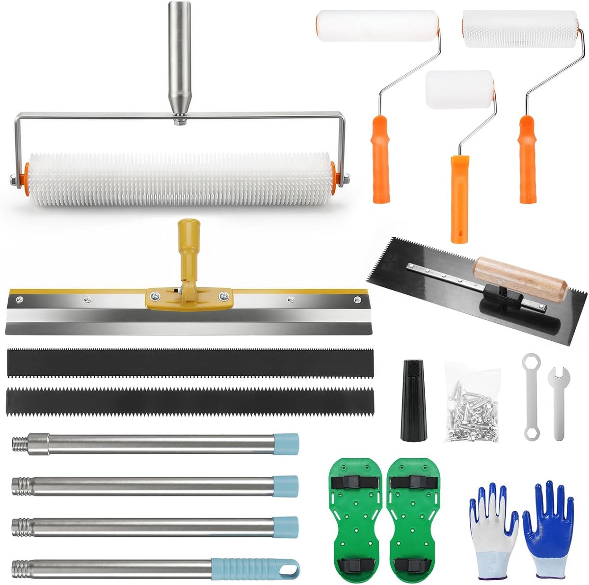 ontluchtingsrollerset, vloercoating, gereedschapsset met stekelroller, verfroller, 3 mm/5 mm schraper, nagelschoenen, telescoopstang, handschoen, staande rakel voor vloer