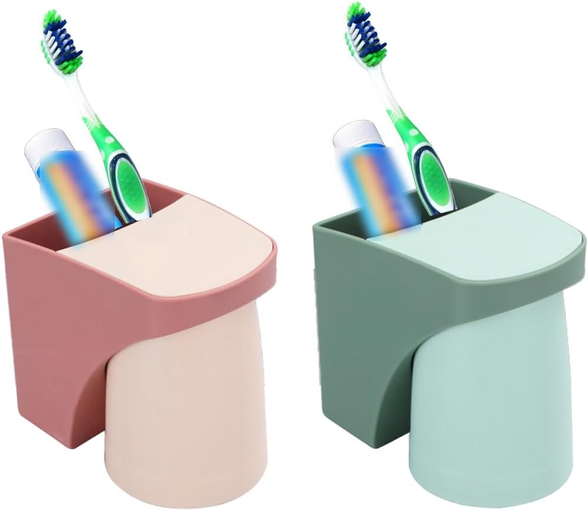 Tandenborstelhouder, magnetische tandenborstelbeker, tandenborstelbekerhouder zonder boren, magnetisch, gemakkelijk af te voeren, geschikt voor wastafels enz., groen en rood, 2 stuks