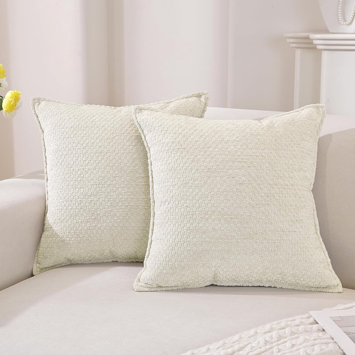 Chenille Kussenhoezen 60x60 2er Set, Zachte Decoratieve Kussenhoes, Moderne Kussensloop Met Onzichtbare Rits, Duurzaam Kussenslopen Voor Woonkamer Bank, Slaapkamer, Crèmewit