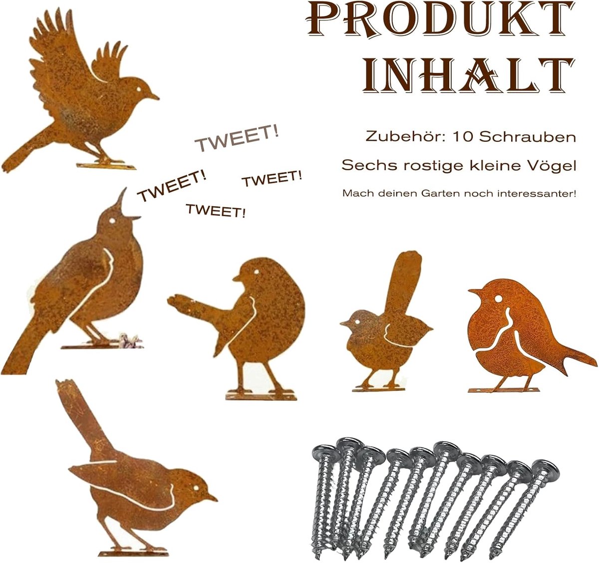 6 stuks decoratieve vogels, roestige vogels met schroeven, roestige metalen tuindecoratie, voor terras, tuindecoratie, tuinlandschap