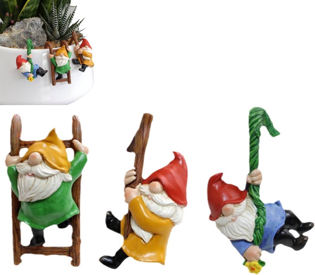 3-delige tuinkabouterset, dwergen, tuinkabouters, decoratieve dwergen, decoratie voor kleine tuinen, aquaria, bloempotten