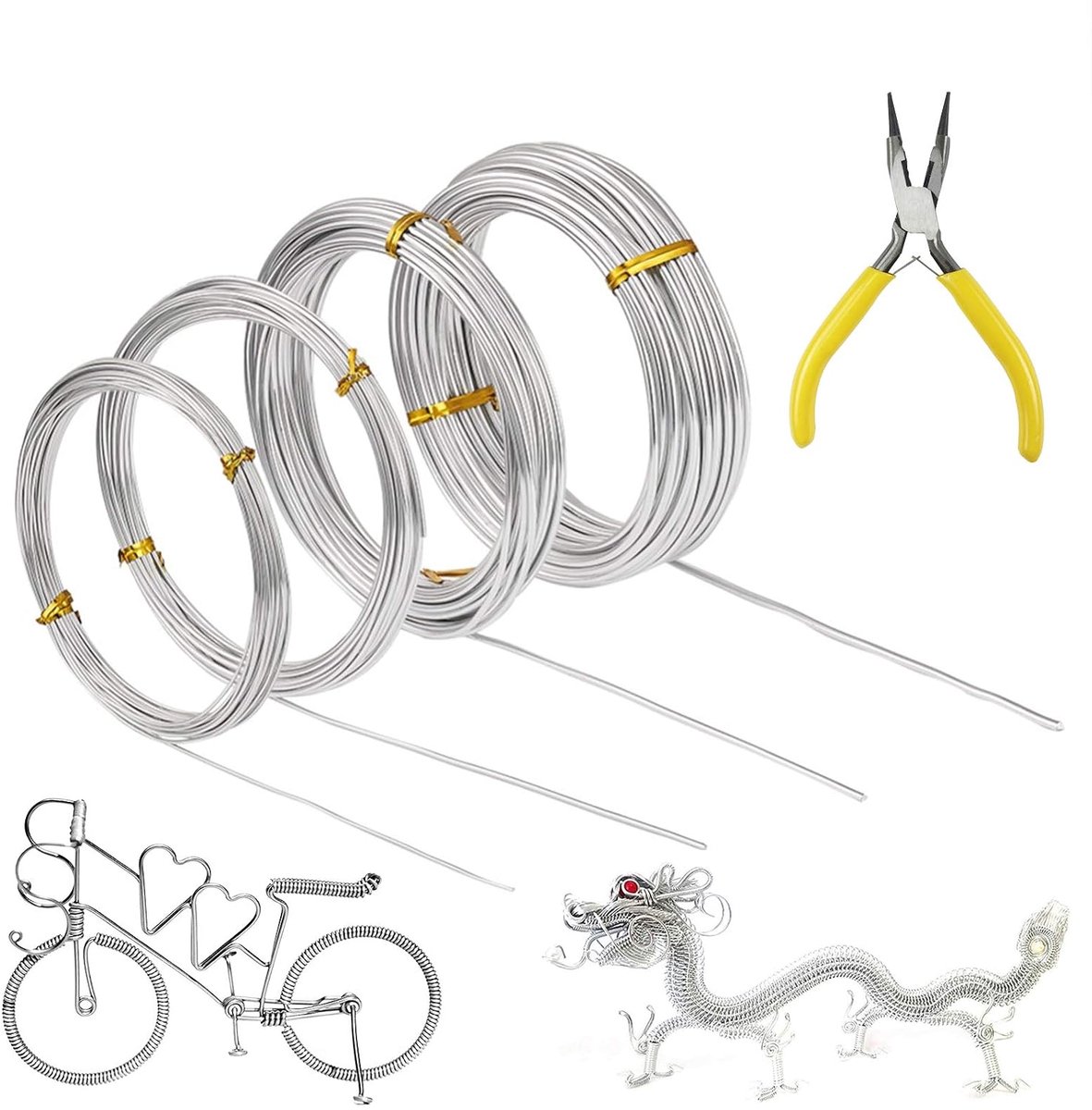 Draad, 4 rollen zilveren aluminiumdraad, 0,8 mm, 1,0 mm, 1,5 mm, 2,0 mm, flexibele metaaldraad voor het maken van sieraden, doe-het-zelf sculpturen en ambachten (5 m/rol)