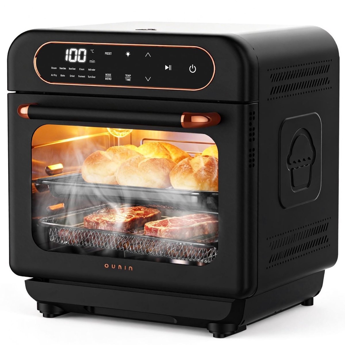 SnelShoppen - 12L Multifunctionele Oven, 8-in-1 Stoomoven met Broodfunctie, Dubbeldeks Bakken, 360° Heteluchtcirculatie, 1100W voor Kip, Lamsbout, Bro