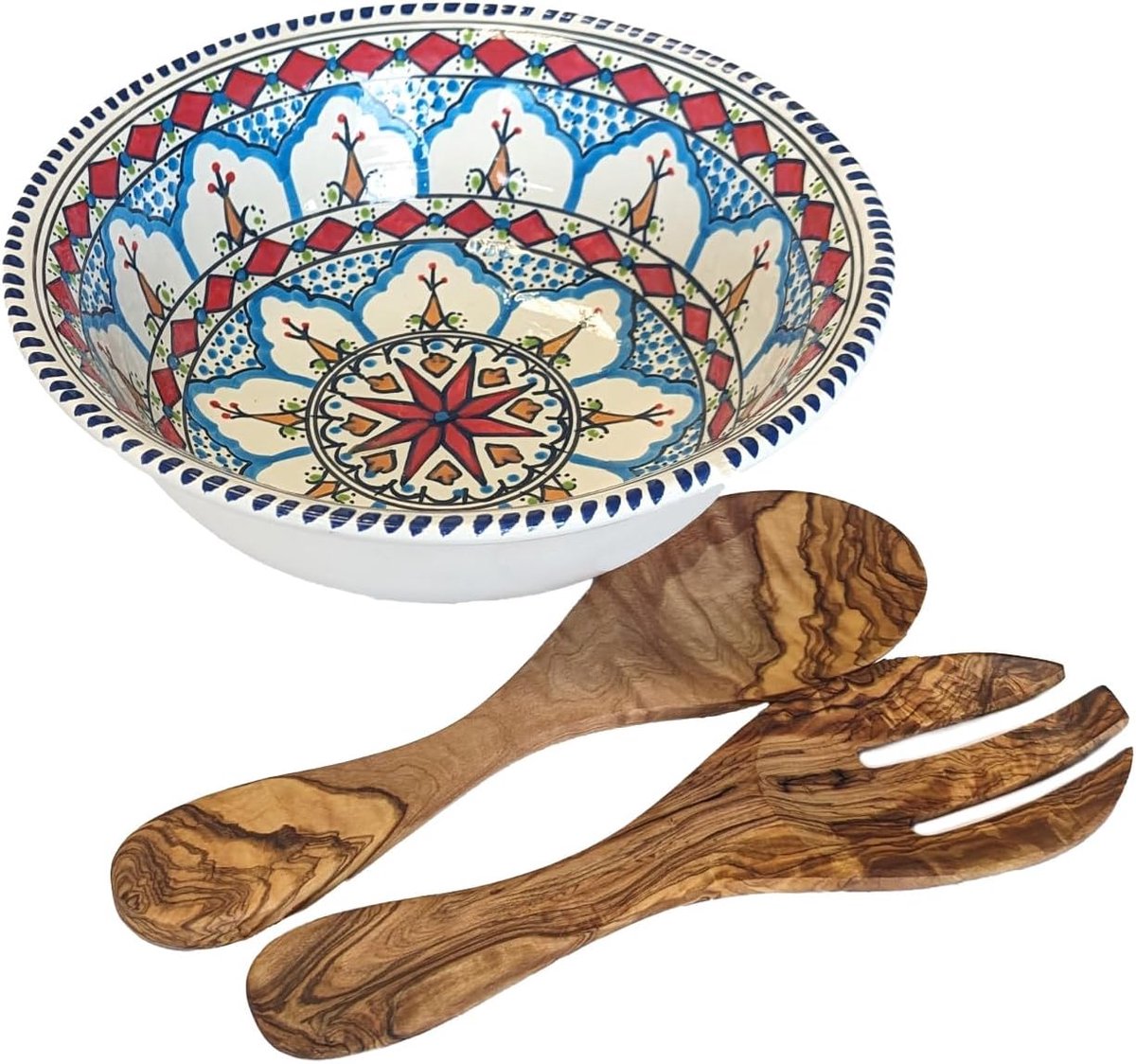 Saladekom en slabestek-set, keramische slakom (Ø 25 cm) met serveerbestek (25 cm), handgemaakt van olijfhout