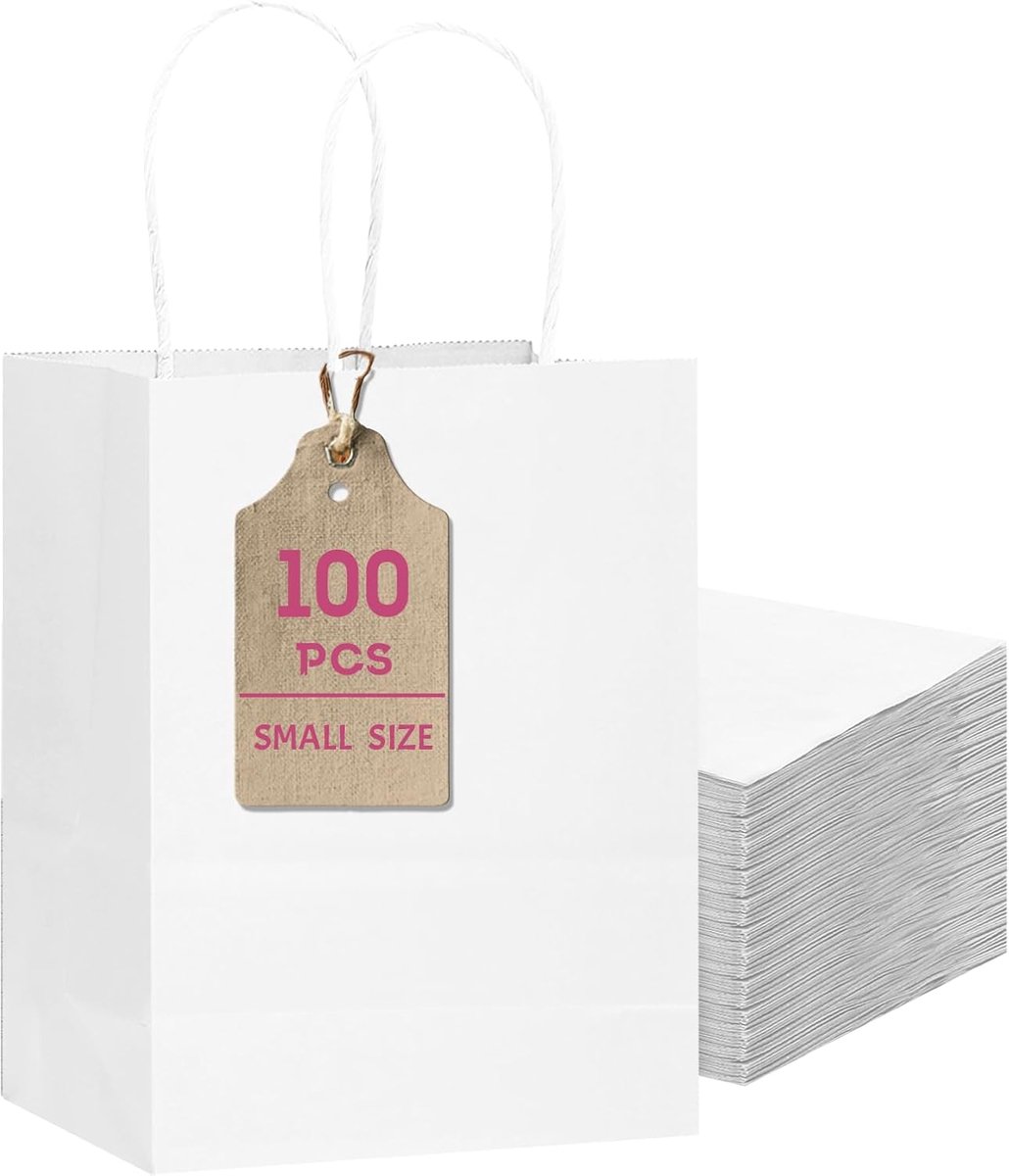 100 stuks witte geschenkzakjes met handgrepen, bulk, 21 x 15 x 8 cm, klein formaat, papieren zakken, meerdere toepassingen (15 x 8 x 21 cm, klein formaat)