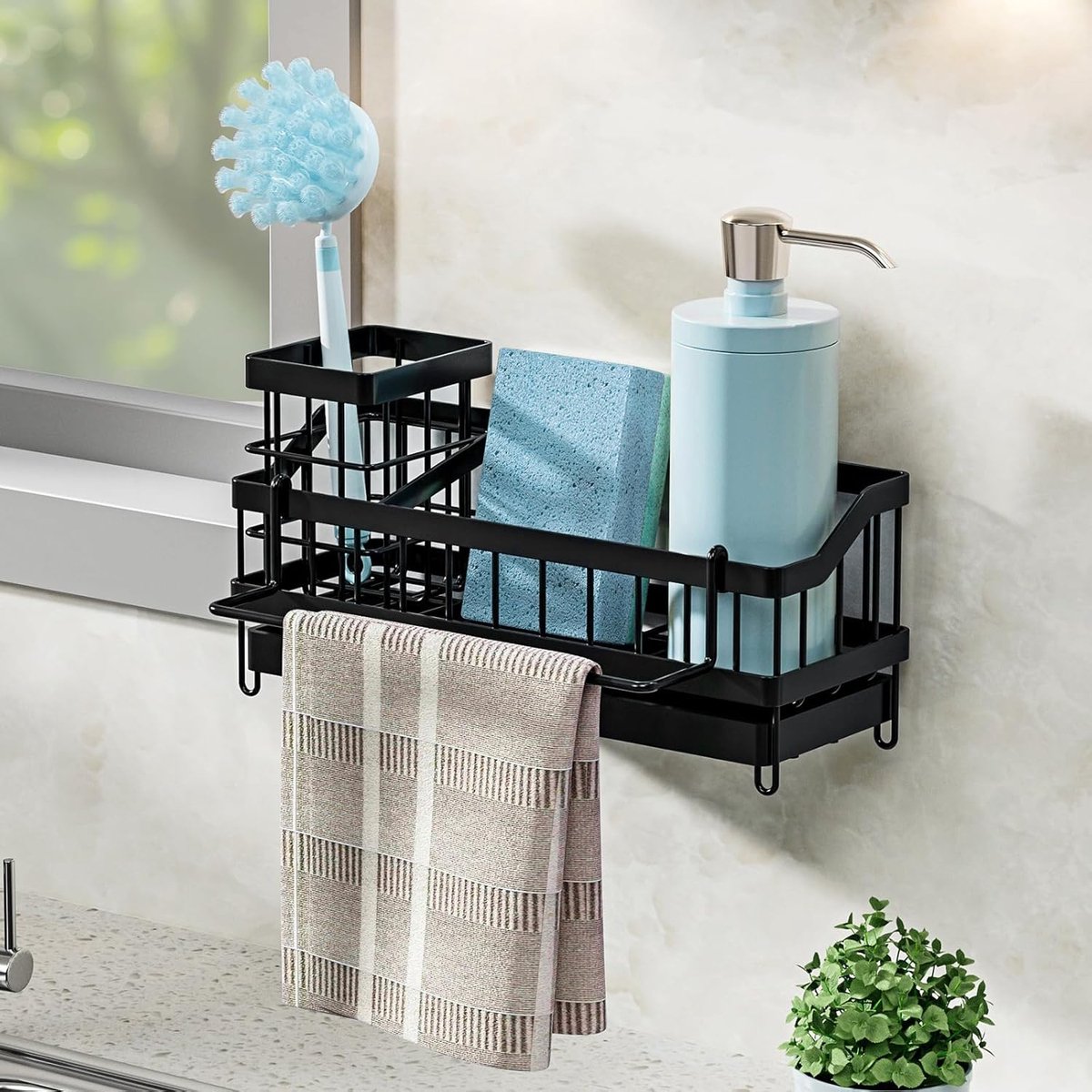 Sponshouder, roestbestendig, gootsteenorganizer met uitneembare lekbak, handdoekhouder, keukenspoelbak-organizer voor toiletartikelen, keukengerei
