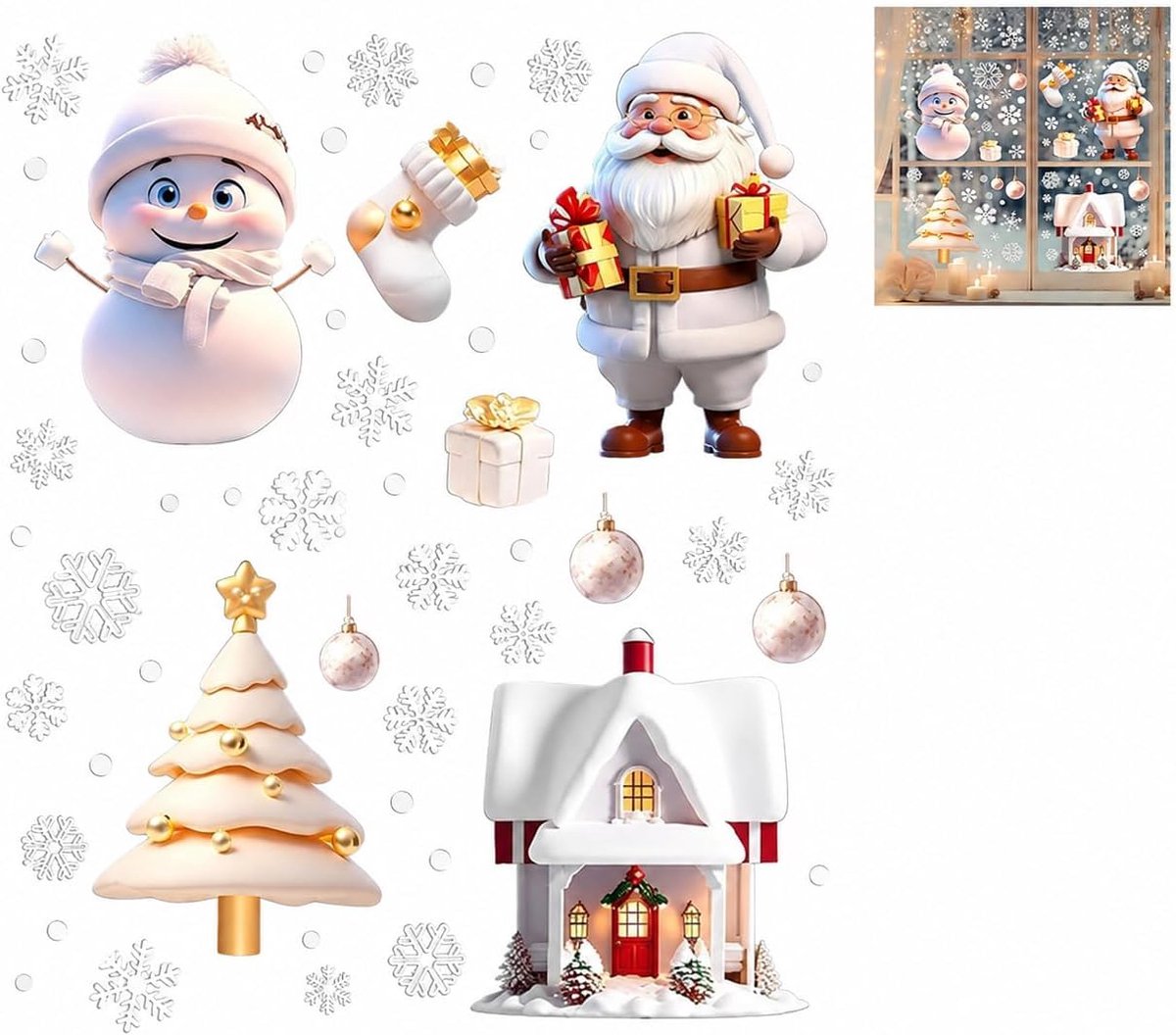 Raamstickers decoratie | 113-delige set kerst raamdecoraties sneeuwvlokken kerstman | dubbelzijdig bedrukt herbruikbaar kerstversiering kindvriendelijk