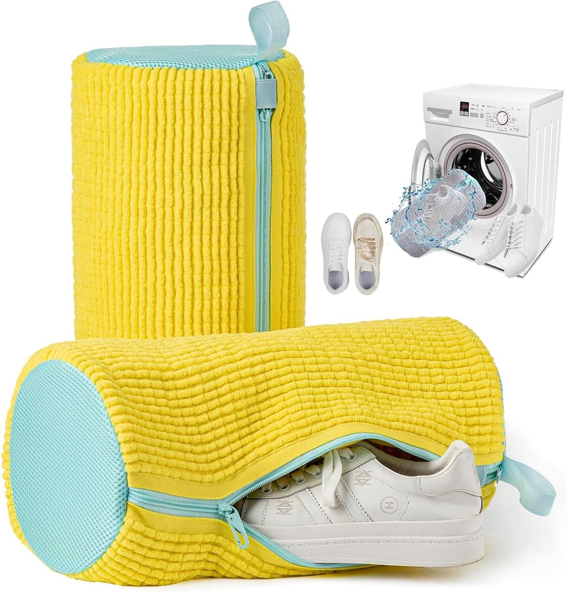 Waszakken, 2 Stuks Schoenen voor Wasmachine, Waszakken voor de Wasmachine met Ritssluiting, Herbruikbare en Duurzame Rits Schoen Waszak, voor Sneakers, Hardloopschoenen(geel)