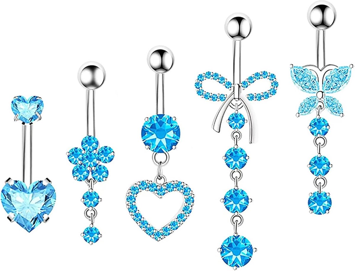 5 stuks navelpiercings van chirurgisch staal, zilver/gouden navelpiercings voor vrouwen, set met navelpiercings van roestvrij staal met zirkonia, verkrijgbaar in zilver, goud en blauw.