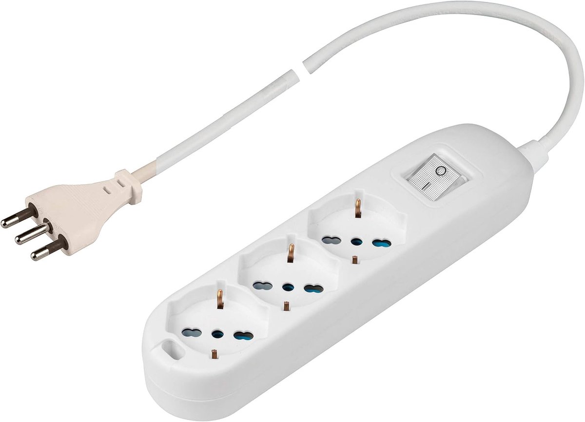 Pool PP2502XL meervoudige stekkerdoos met 3 stopcontacten P40 Pluristandard, grote stekker, 16 A, 1,5 meter kabel en schakelaar, wit, 3500 W
