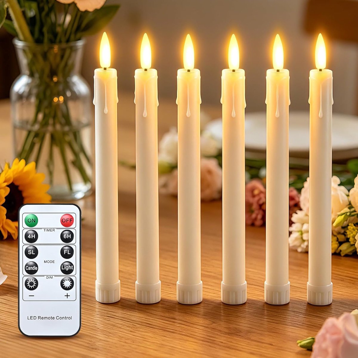 cimetech 6-delige LED-kaarsen Barkaarsen met timerfunctie en afstandsbediening Batterijgevoede raamkaarsen met kaarshouder LED-vlamloze puntkaarsen Buiten dimbaar voor kerstdecoratie