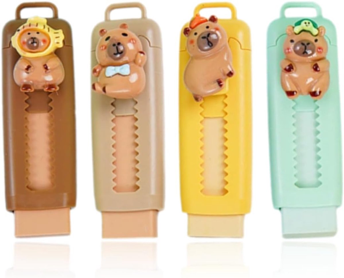 4 stuks Capybara Intrekbare gum met 4 stuks gummi navullingen, Intrekbare gum voor kinderen, studenten
