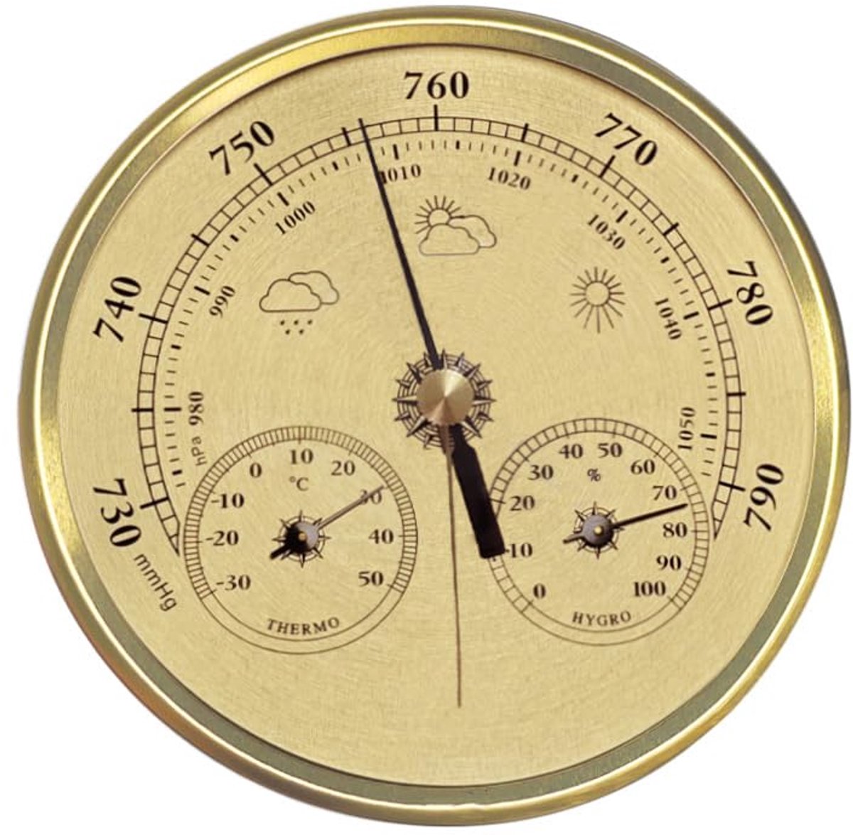 SnelShoppen - Voyoo Barometer met metalen frame, analoge barometer met thermometer en hygrometer voor binnen en buiten, stijlvol goud, perfect voor tu