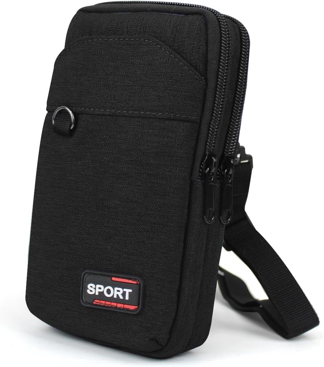 Thijox - AfitLulu Schoudertas Heren 17,8 cm Klein 3-laags Oxford Stof Zwart/Grijs/Blauw Met Afneembare Verstelbare Schouderbanden Voor Sport Wandelen