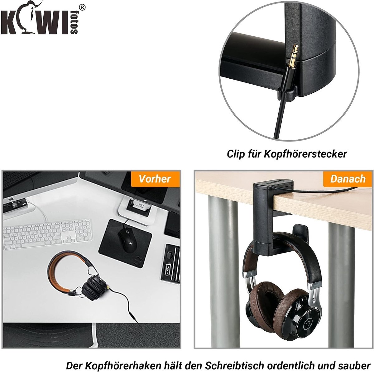 Hoofdtelefoonstandaard met 4 USB-poorten, 360° draaibaar en verstelbaar, ideaal voor gaming en bureauorganisatie