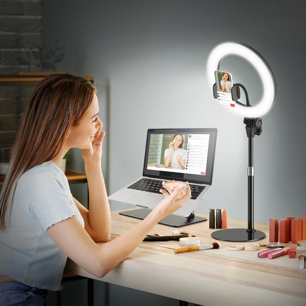 Thijox - Ringlamp met Statief 10,5 inch - LED Ring Light voor Mobiele Telefoon en Laptop - 3 Lichtkleuren, 10 Lichtsterktes, 360 Graden Draaibaar - Pe