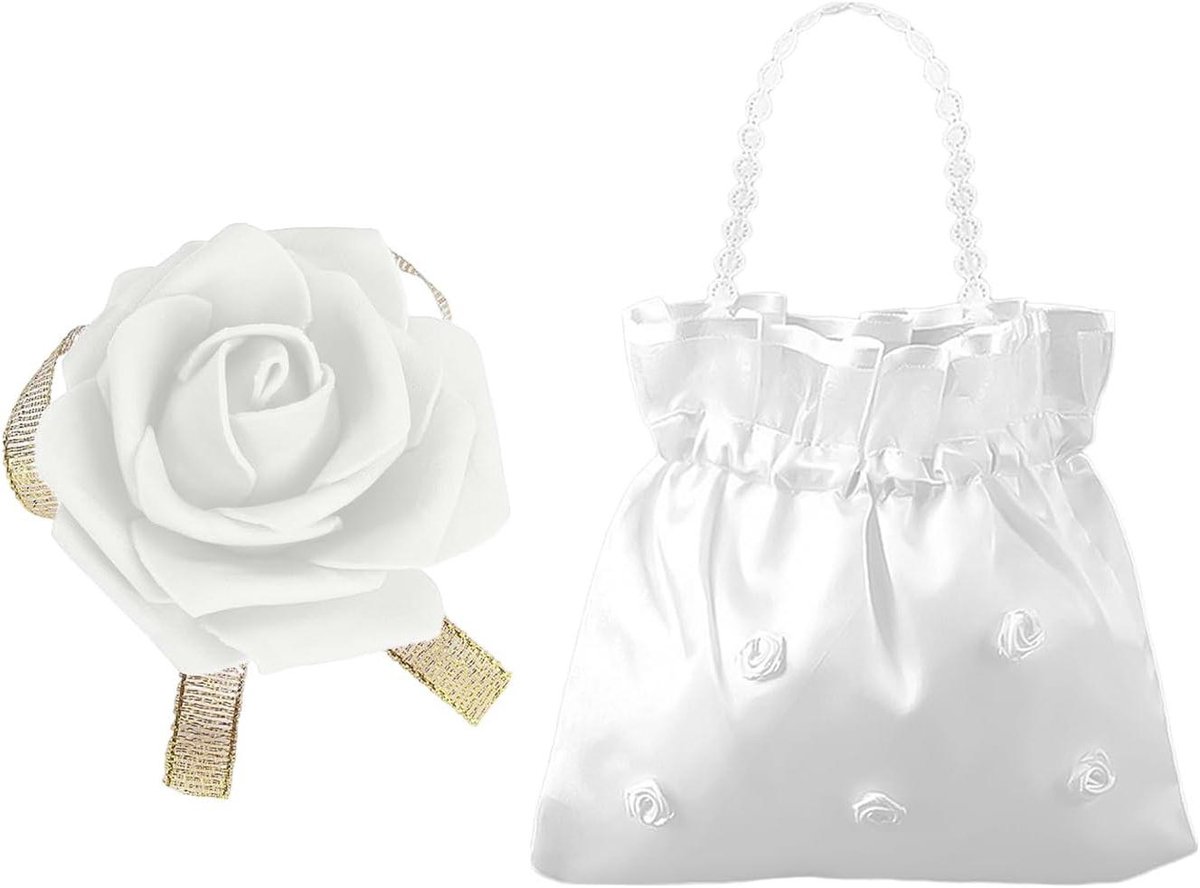 Bruidstas met polsbloem - Bruiloft accessoire - Bruidsdag outfit - Elegant satijnen design - 20 x 21 cm - Wit