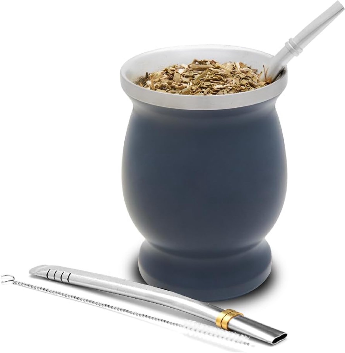 balibetov Yerba Theeset (maté kopjes) van roestvrij staal met bombilla (rietje) voor mate en yerba, gemakkelijk te reinigen en zeer duurzaam, donkergrijs