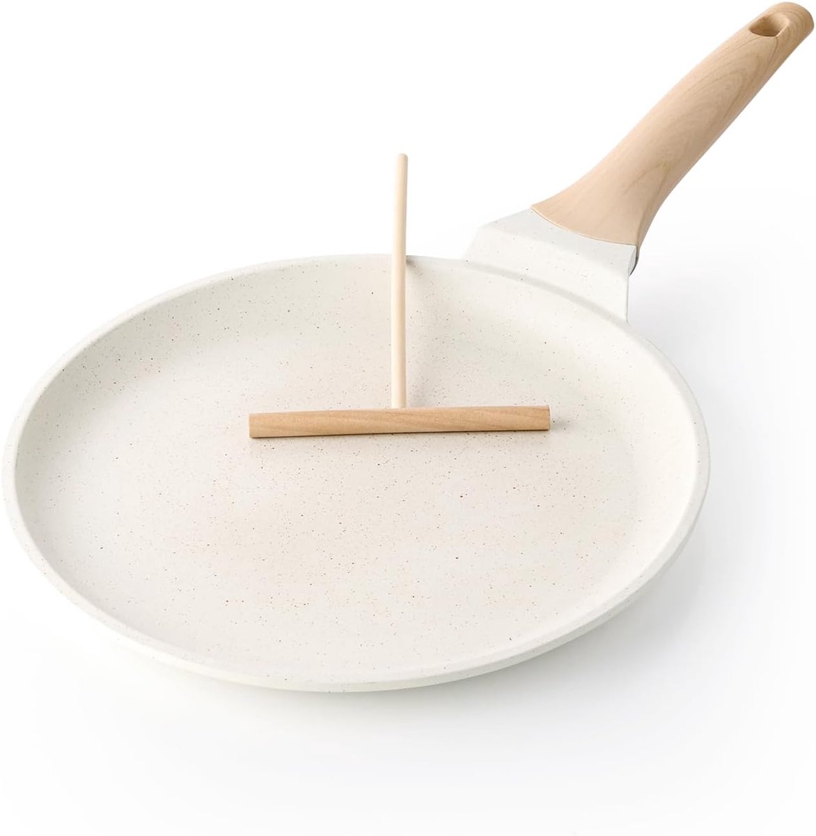 Antiaanbak Crêpepan, 26 cm Dosa-pan met Spreider, Platte Pannenkoekenpan met Gezonde Coating voor Kookplaat, Geschikt voor Inductie, PFOA-vrij, Wit