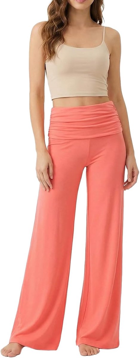 yogabroek voor dames, wijde palazzo-loungebroek met geplooide taille, los zittende vrijetijdsbroek met hoge zoom