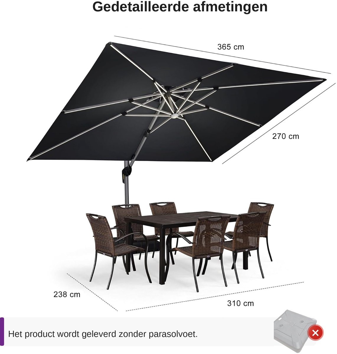 Purple Leaf Zweefparasol met ledverlichting 365x270 cm - Grijs