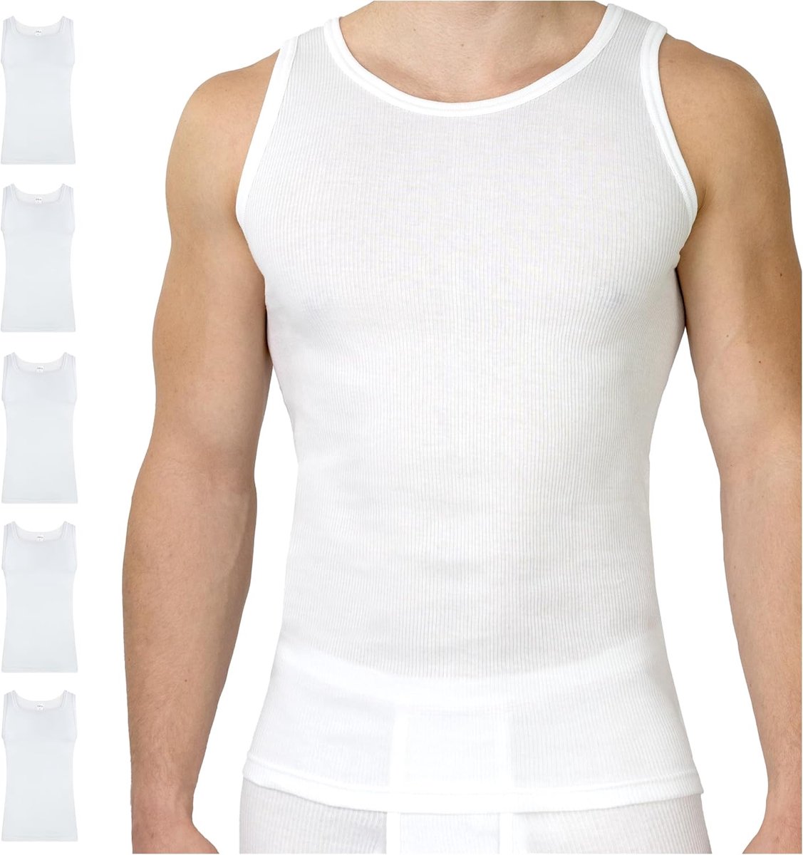 Onderhemd met dubbele ribstof voor heren, verpakking van 5 stuks, S - 4XL, nauwsluitende tanktop voor heren, van 100% katoen, onderhemden met nauwsluitende pasvorm