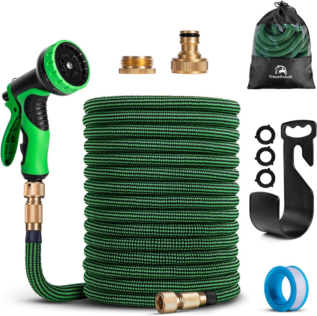 Travelhawk Flexibele Tuinslang tot 30 Meter - Uitrekbare Waterslang met Sproeikop en Slanghouder - Flexibel dus geen Knopen - Inclusief Opbergtas - Groen / Zwart