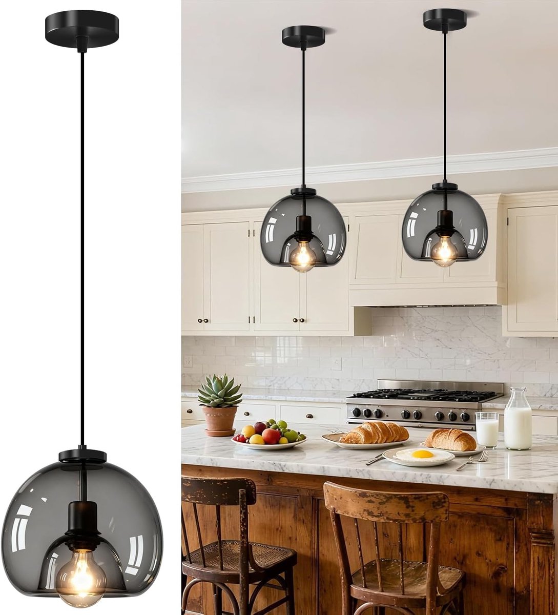 Plafondlamp E27 1-Licht - Transparant Zwart Glas - Hoogte Verstelbaar - Perfect voor Eetkamer - ShopVlot