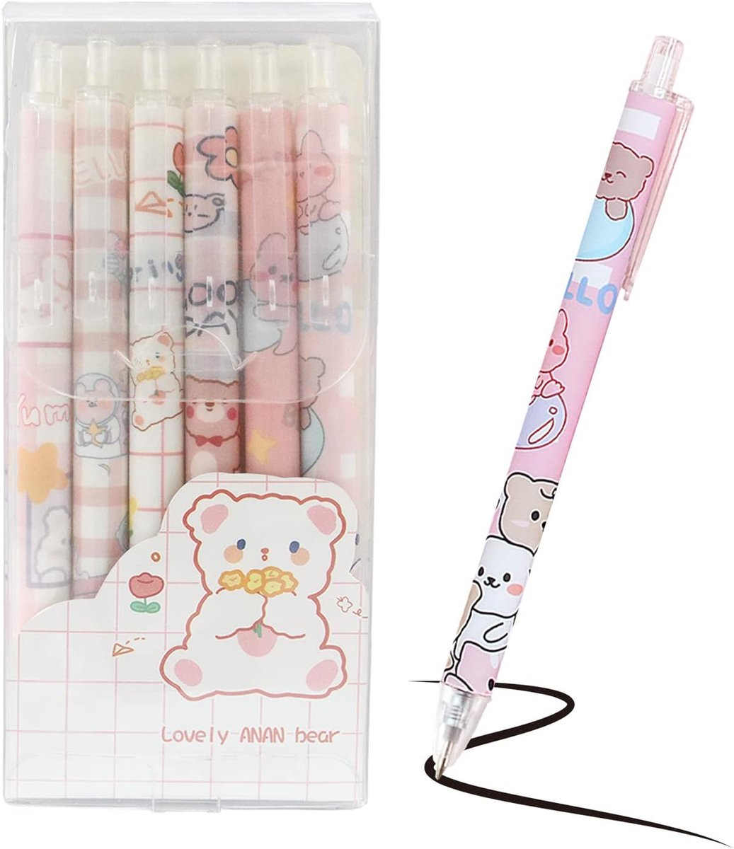 SnelShoppen - 6 Stuks Retractable Gel Ink Pennen, Zwarte Balpen, Schattige Beer Gelpennen, Kawaii Cartoon Pennen voor Kinderen, Meisjes en Vrouwen, Sc