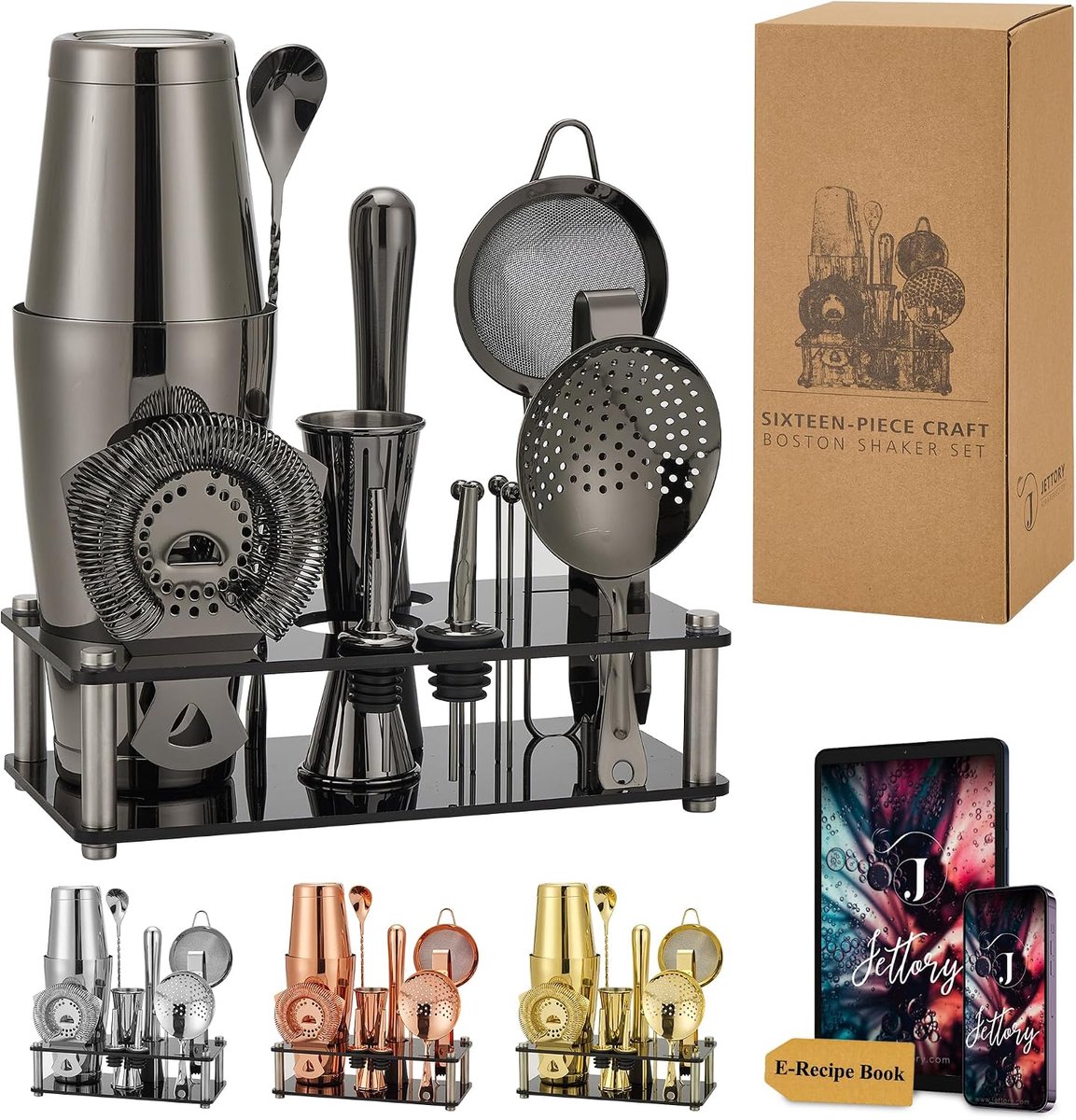 SnelShoppen - Boston Shaker Set - 16-delig RVS Cocktail Shaker Set met Acryl Basis, Barsiphon, IJs Tangen, Barlepel, Maatbeker, Vijzel, Fles Gieter en