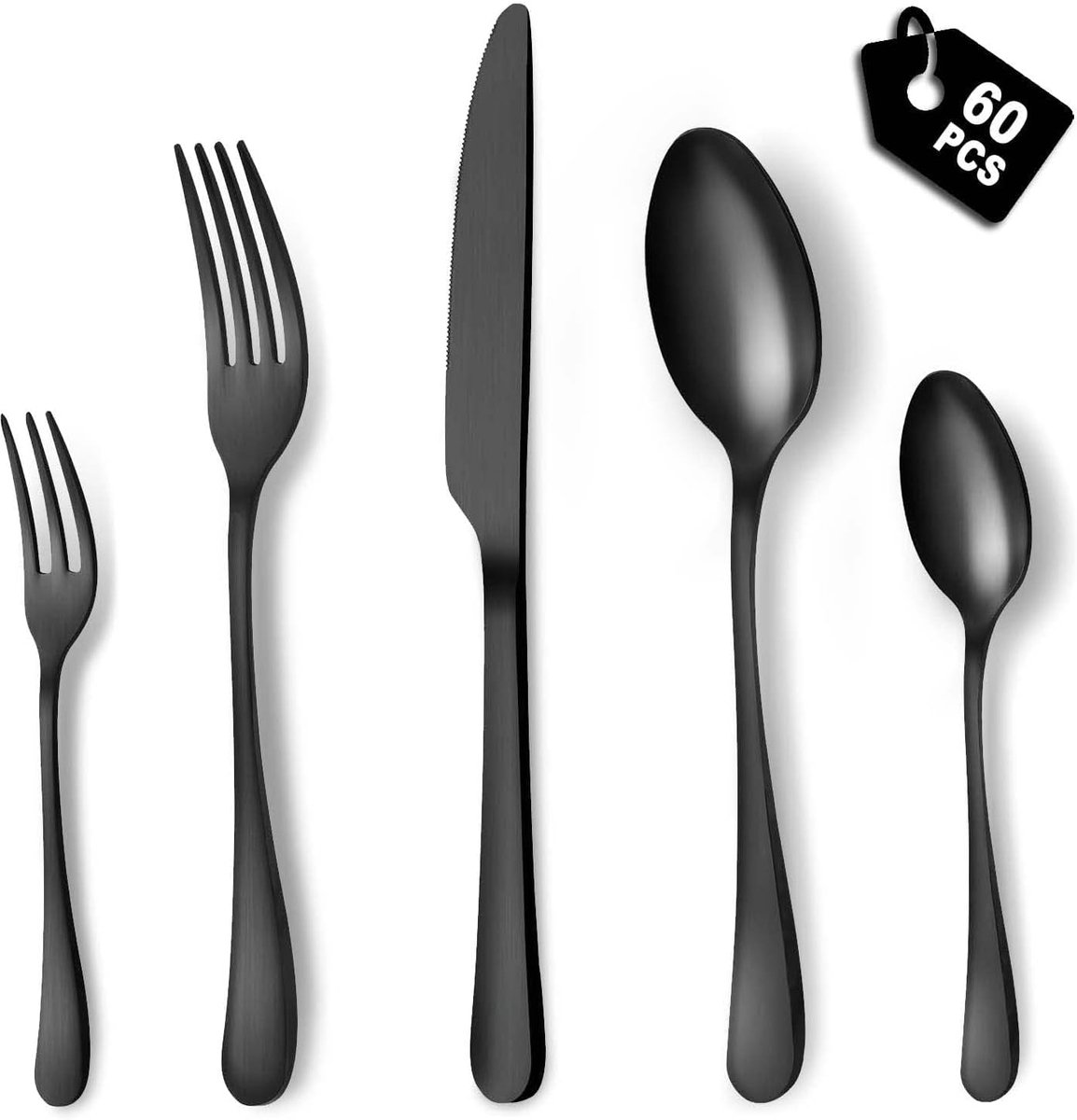 SnelShoppen - 60-delig Zwart Bestekset voor 12 Personen - Inclusief Messen, Lepels, Vorken en Dessertvorken - Duurzaam en Gezond Titanium - Ideaal voo