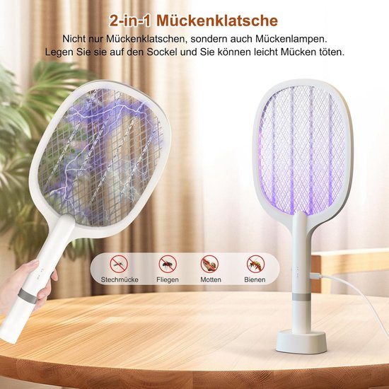 Witte vliegenmeppers met paars UV-licht, één in hand. Iconen van mug, vlieg, mot en bij.