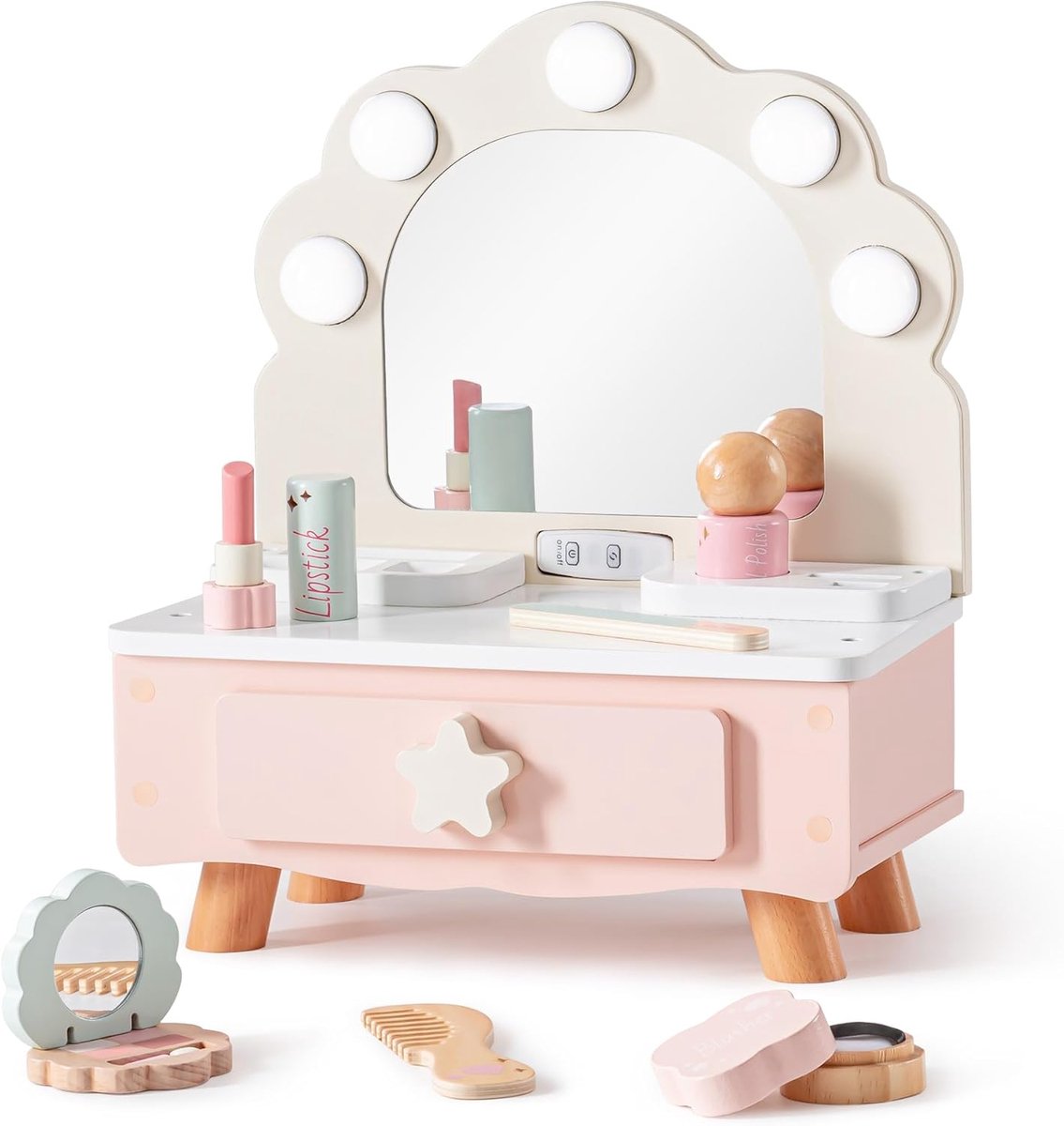 SnelShoppen - ROBUD Makeup Dressing Table voor Kinderen, Houten Make-up Tafel met Spiegel en Licht, Rollenspel Speelgoed voor Meisjes van 3 tot 8 Jaar