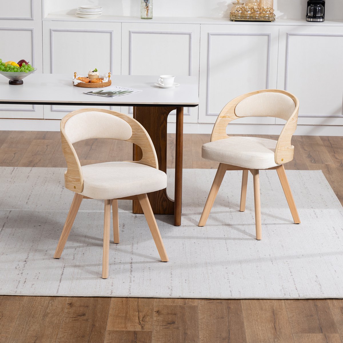 COVREO Eetkamerstoel set van 2 44 x 41 x 75 cm - draaibaar, linnen stof, beige