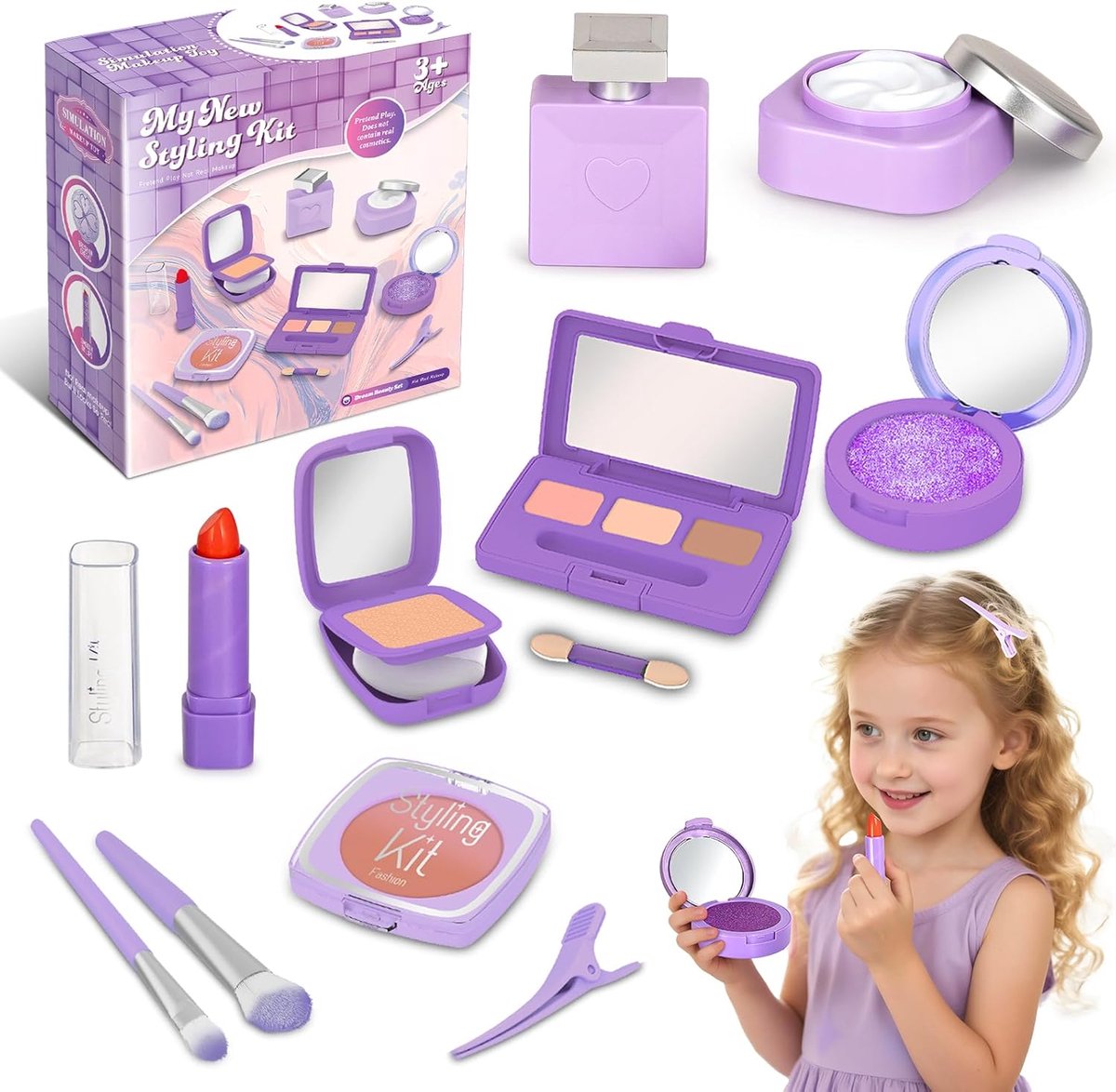 SnelShoppen - Kinder Makeup Set voor Meisjes 3+ Jaar, Speelgoed Cosmetica met Lipstick, Spiegel, Make-up Kwasten, Haarclip, Paars, Leuk voor Feestjes