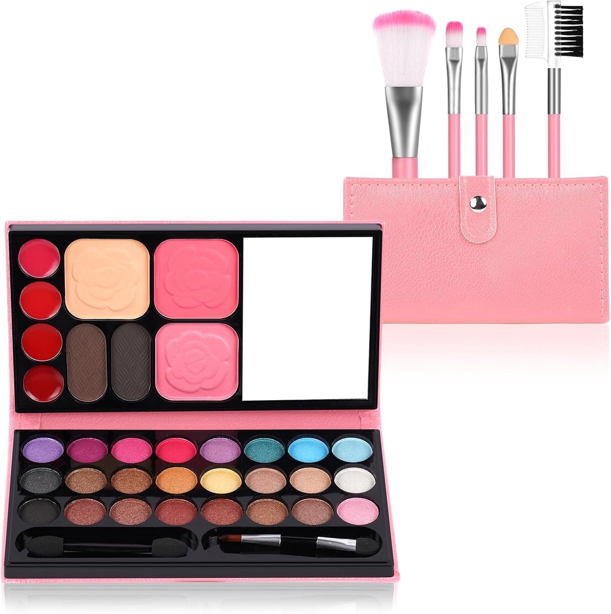 SnelShoppen - 6-delige Kinderen Make-up Set voor Meisjes, Roze Make-up Palet met 33 Kleuren, Veilig en Afwasbaar Cosmetica Speelgoed voor Feesten en V