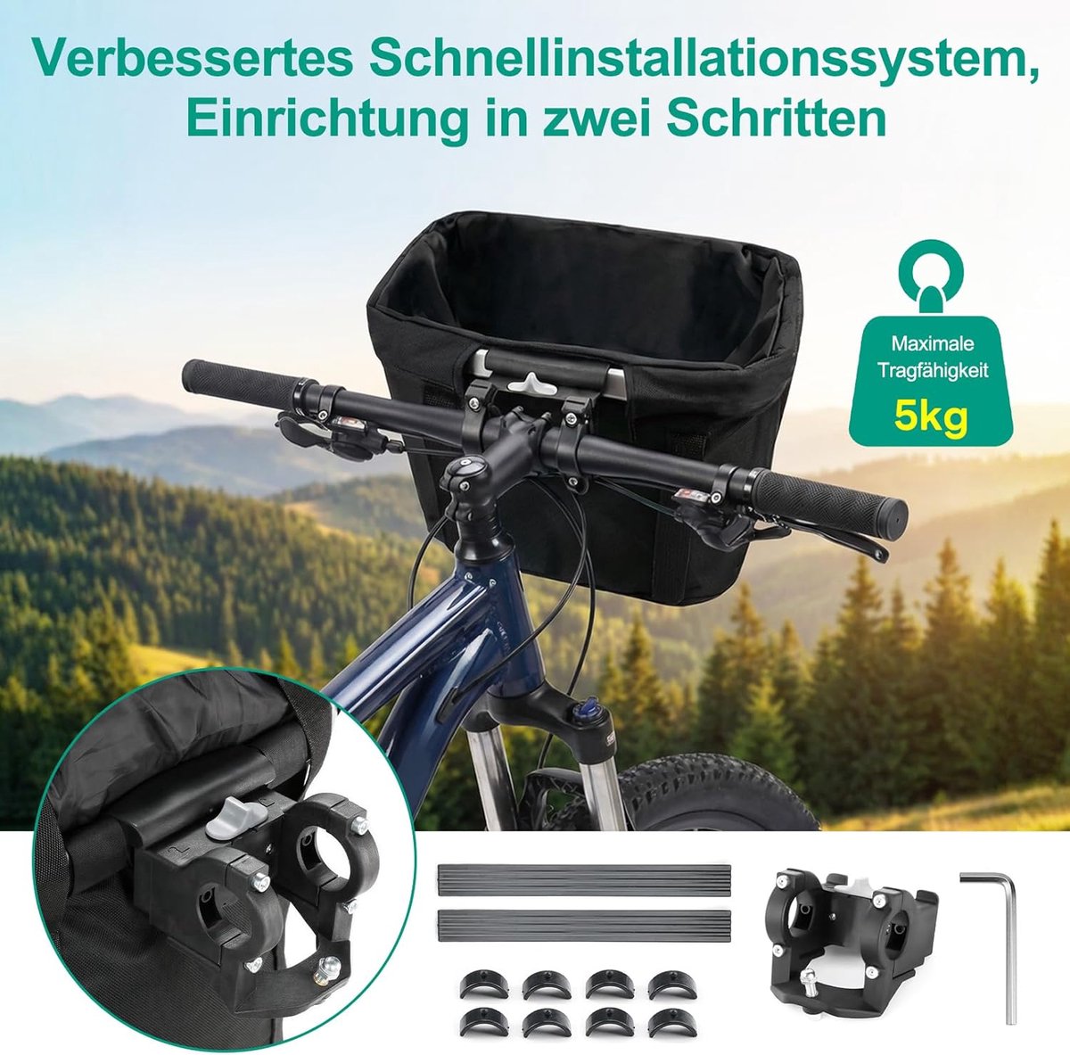 SnelShoppen - Fietsmand Voorop Vouwbare Fietstas Met Snelle Montage, Inclusief Fietsmand Voor Wonen, Buitensport, Winkelen, Huisdieren, 34x25x21 cm, Z