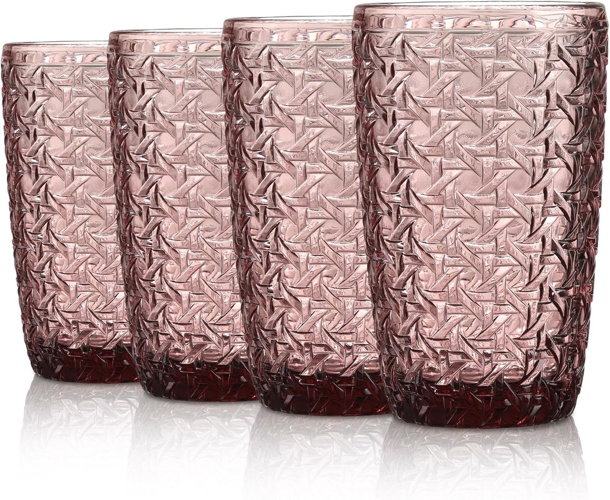 SnelShoppen - Set van 4 Vintage Roze Waterglazen 380 ml met Reliëf Design - Vaatwasmachinebestendig Longdrinkglazen met Geometrische Textuur voor Fees