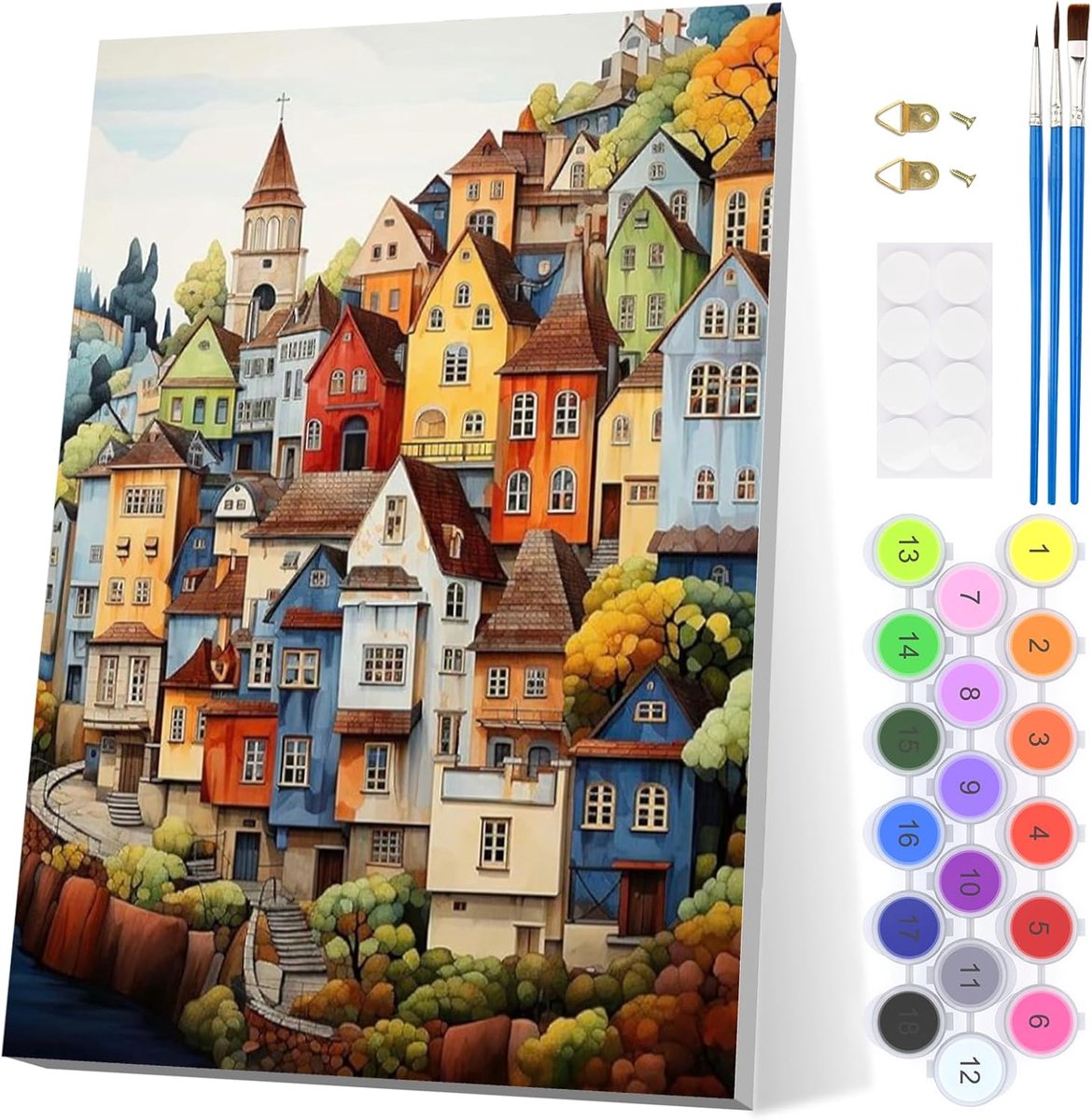 SnelShoppen - Schilderen op Nummer Europese Stad voor Volwassenen en Beginners - Acryl Aquarel Dorpslandschap op Canvas met Lijst - Perfect Cadeau of