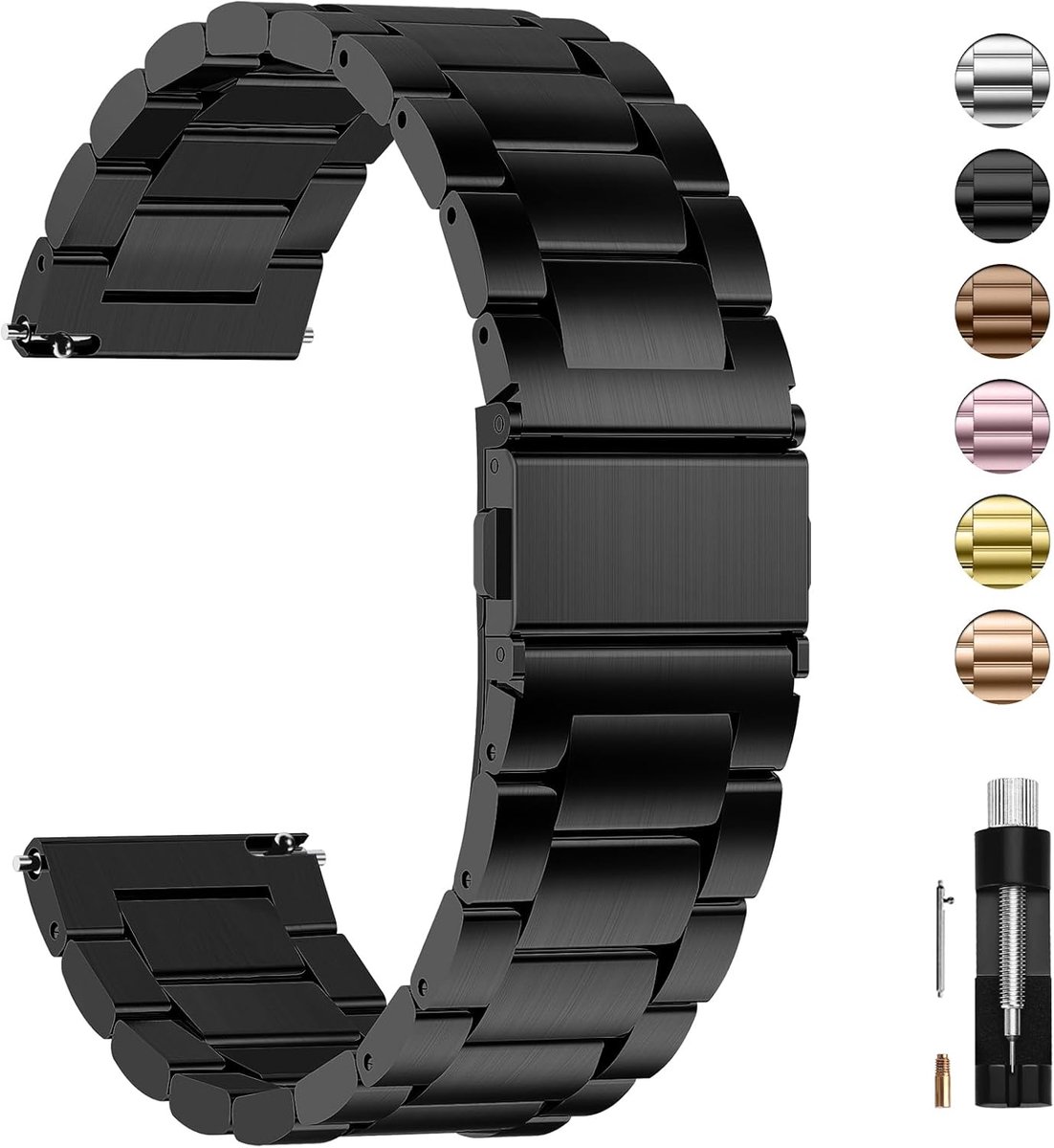 Thijox - Fullmosa Roestvrijstalen Horlogeband 24mm voor Dames en Heren - Metalen Armband met Snelsluiting, Duurzaam en Waterdicht, Zwart, Perfect voor