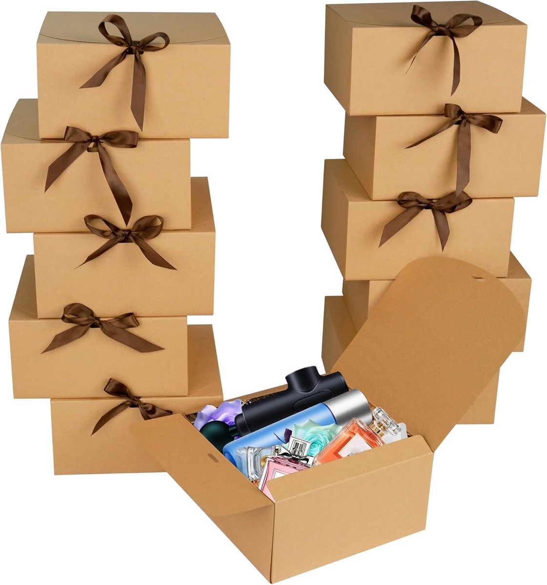 SnelShoppen - 12 Stuks Geschenkdoos Kraftkarton - Grote Bruine Cadeauverpakking 20x20x10 cm - Met Deksel en Banden voor Feestdagen, Kerst, Bruiloften,