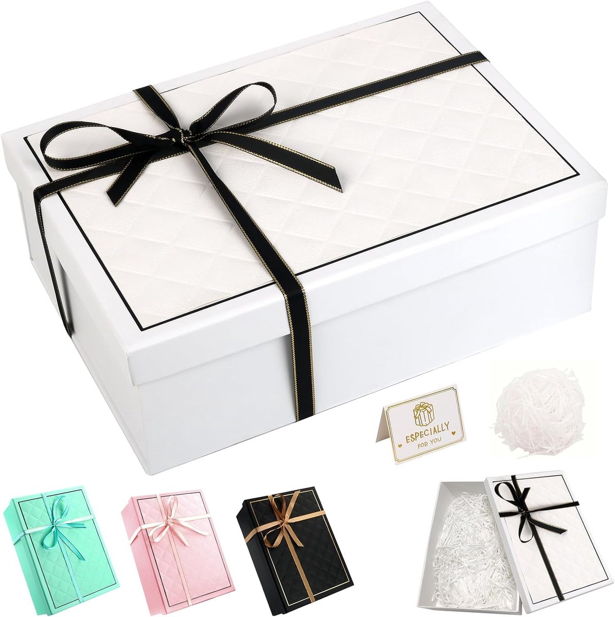 SnelShoppen - Geschenkdoos Witte Geschenkdoos met Deksel 22x18x8,5 cm - Luxe Verpakkingen met Strik, Raffia en Wenskaart voor Verjaardag, Kerst en Val
