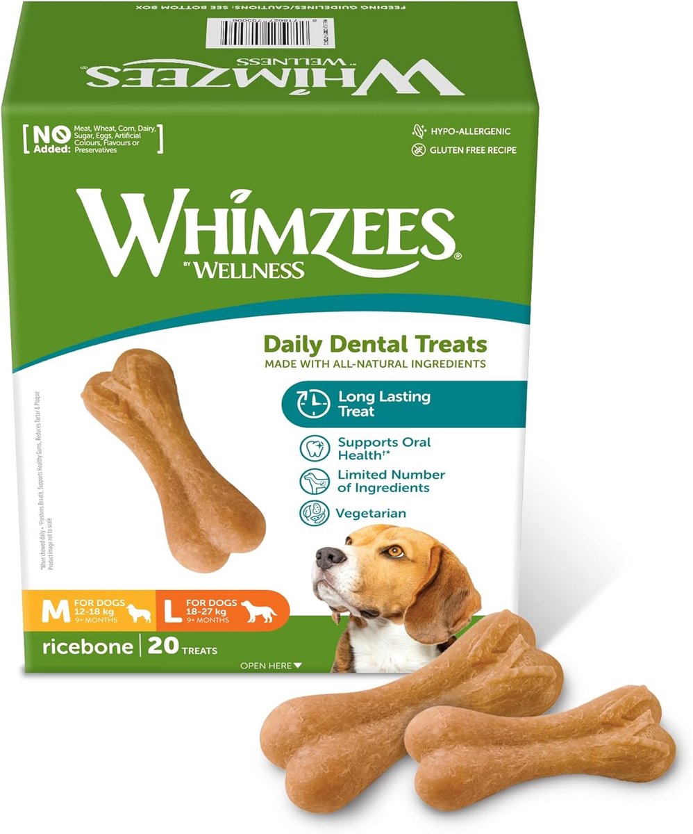 Thijox - WHIMZEES Rijstbot M/L, 20 Stuks - Kauwsnack voor Grote/Middelgrote Honden, Natuurlijk, Graanvrij, Vegetarisch, Zonder Toegevoegde Suiker, Rij