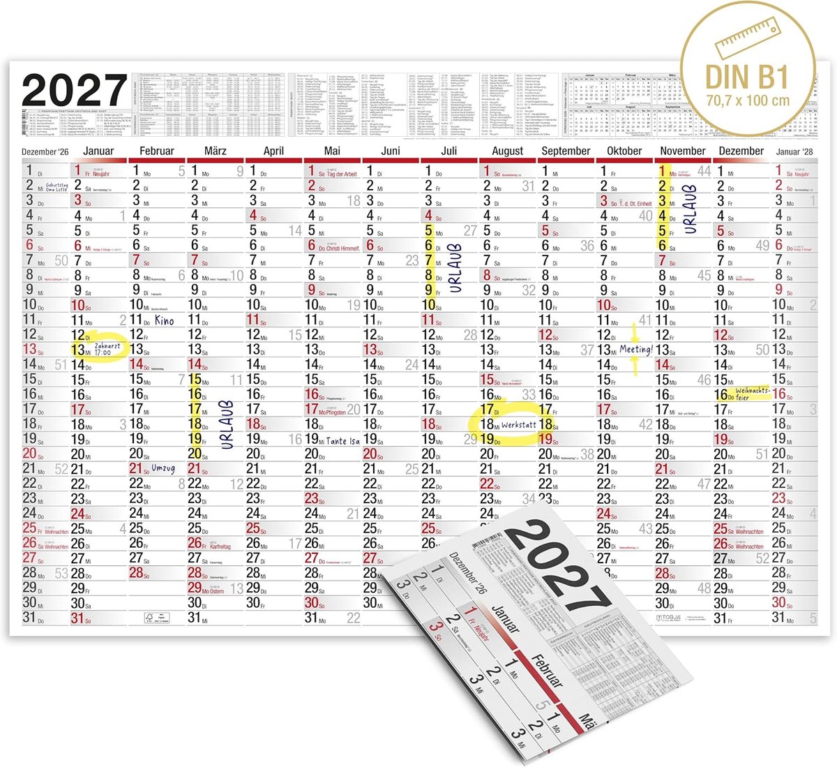 SnelShoppen - TOBJA XXL Wandkalender 2026, Groot 100 x 70 cm, Feestdagen & Vakanties DE, AT, Jaarplanner, Gevouwen, Hoogwaardige Kwaliteit, 1 Stuk