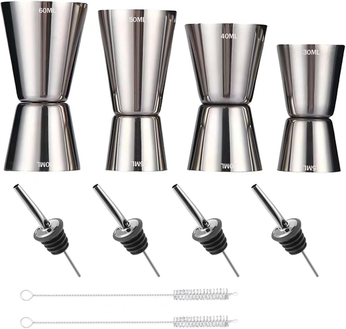 SnelShoppen - Cocktailmaatbeker 4 stuks Roestvrij Staal - Dubbele Jigger 3/4/5/6 cl - Inclusief Flessenschenktuiten en Penselen - Ideaal voor Feestjes
