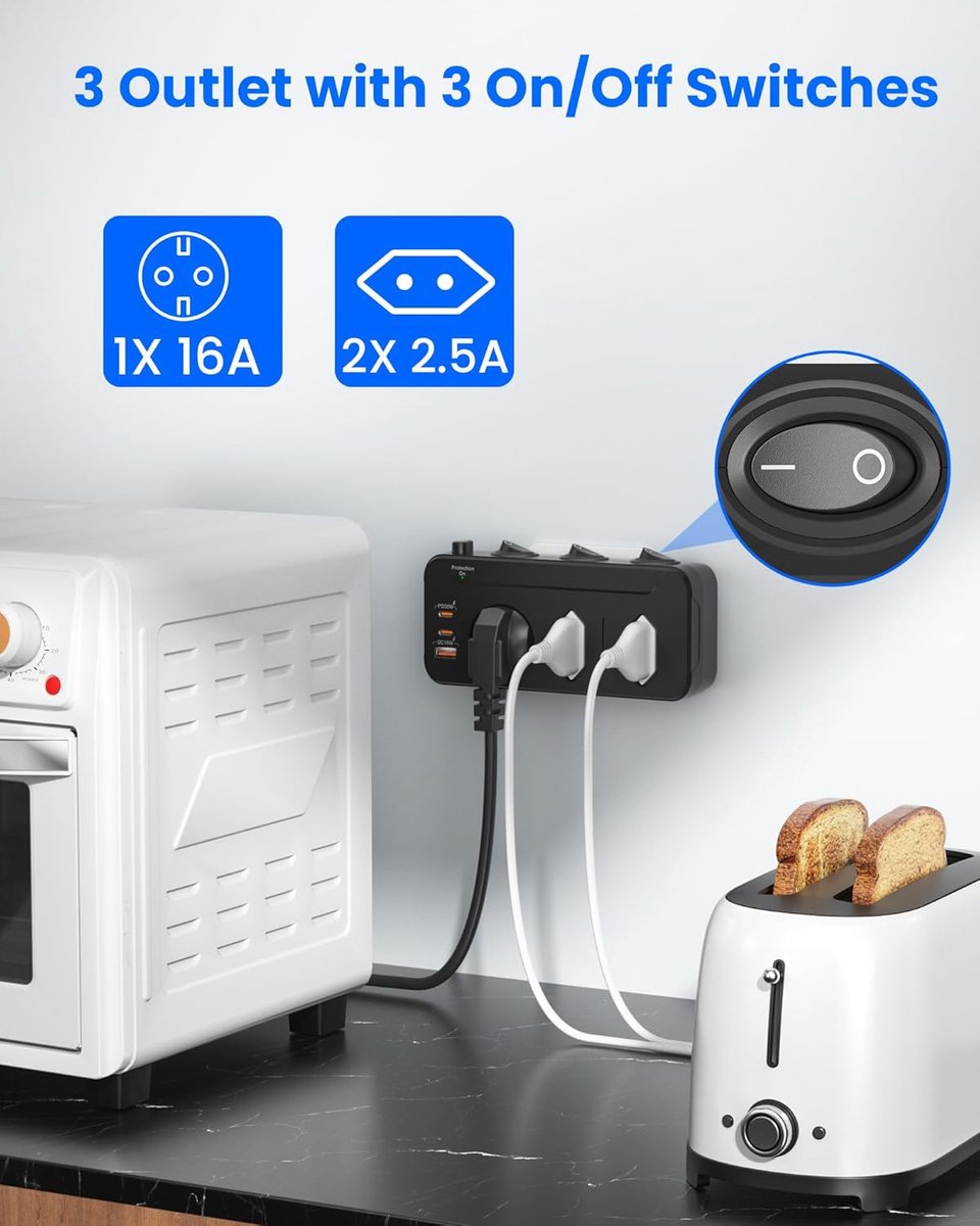 SnelShoppen - Stopcontact Splitter met USB C - Meervoudige Stekkerdoos met Onafhankelijke Schakelaar, 3-Voudig Stekkerblok, Overspanningsbeveiliging,