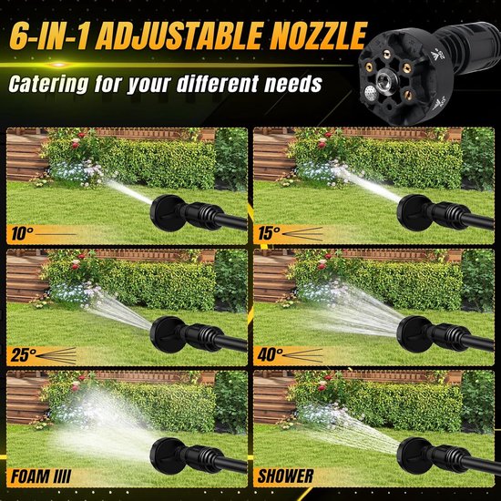 SnelShoppen - Accu Hogedrukreiniger Draadloos 340W, 42 Bar, 4 Versnellingen, 5m Slang, 6-in-1 Mondstuk, Ideaal voor Tuin, Camping, Auto, Schoonmaken — afbeelding 4
