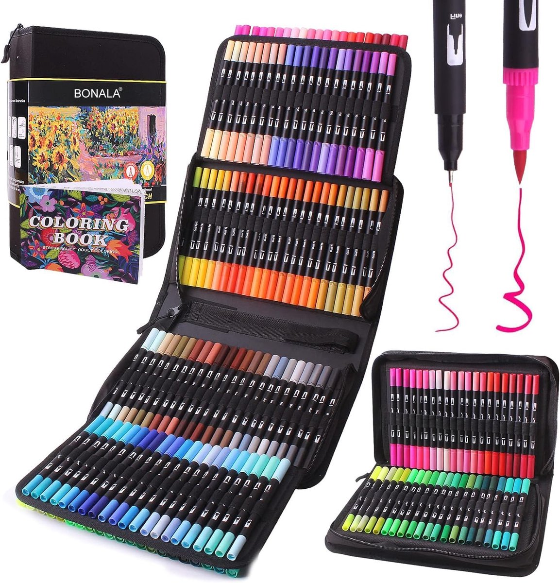 SnelShoppen - 132 Aquarelstiften Penseelstiften voor Volwassenen, Dual Tip Brushpennen met Penseelpunt & Fineliner (0,4 mm) voor Kalligrafie, Handlett